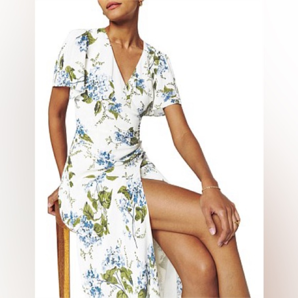 Reformation Cream Dress with Blue Floral Design